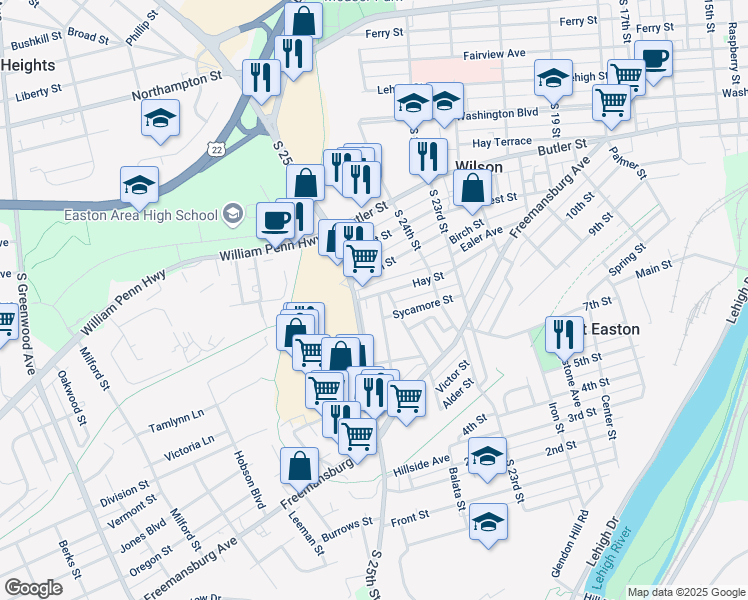 map of restaurants, bars, coffee shops, grocery stores, and more near 2465 Hay Street in Easton