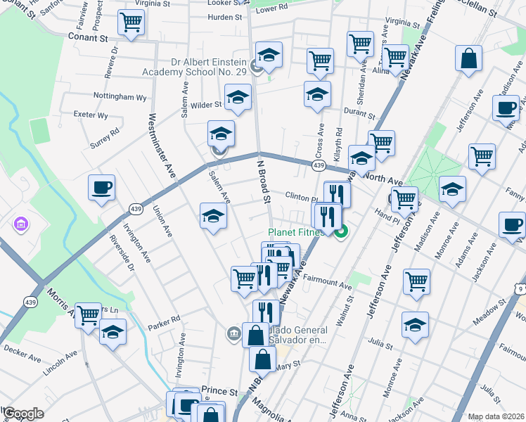 map of restaurants, bars, coffee shops, grocery stores, and more near 712 North Broad Street in Elizabeth