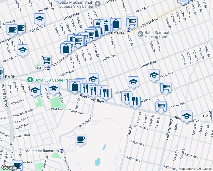 map of restaurants, bars, coffee shops, grocery stores, and more near 110-20 111th Street in Queens