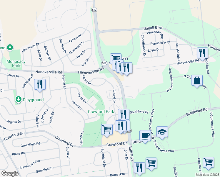map of restaurants, bars, coffee shops, grocery stores, and more near 5115 Cheryl Drive in Bethlehem