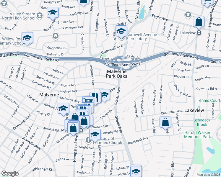 map of restaurants, bars, coffee shops, grocery stores, and more near 201 Sydney Avenue in Malverne