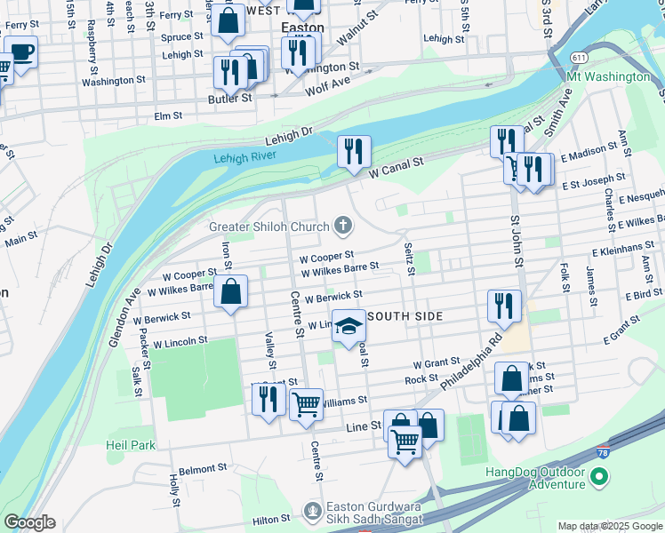 map of restaurants, bars, coffee shops, grocery stores, and more near 535 West Wilkes Barre Street in Easton