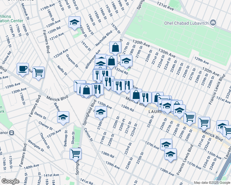 map of restaurants, bars, coffee shops, grocery stores, and more near 218th Street in Queens