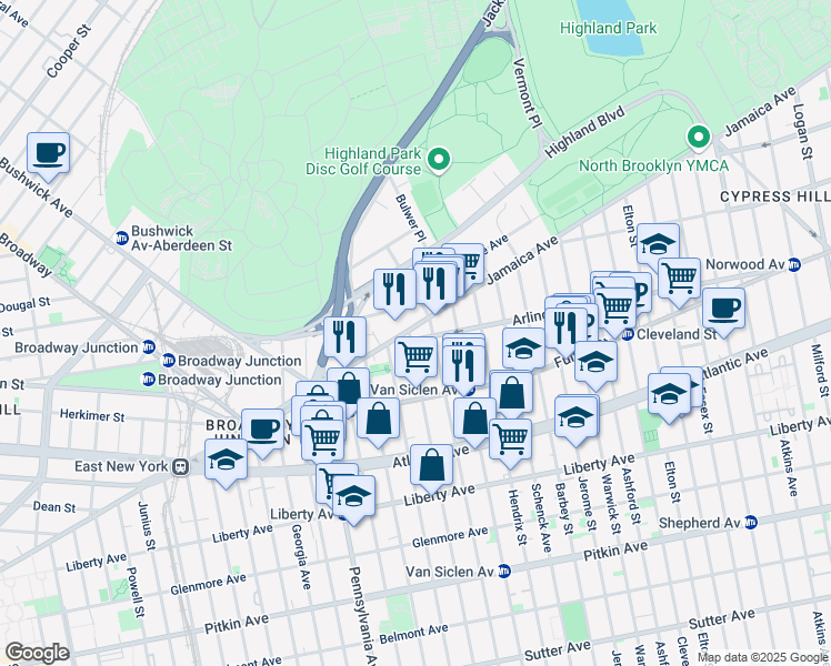 map of restaurants, bars, coffee shops, grocery stores, and more near 162 Jamaica Avenue in Brooklyn