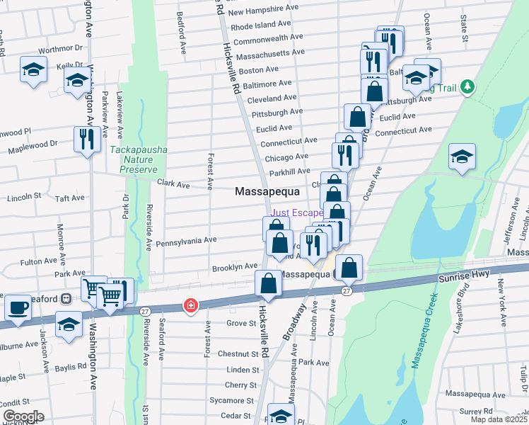map of restaurants, bars, coffee shops, grocery stores, and more near 541 Hicksville Road in Massapequa