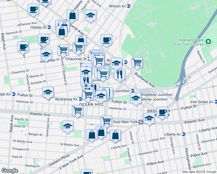 map of restaurants, bars, coffee shops, grocery stores, and more near 217 Hull Street in Brooklyn