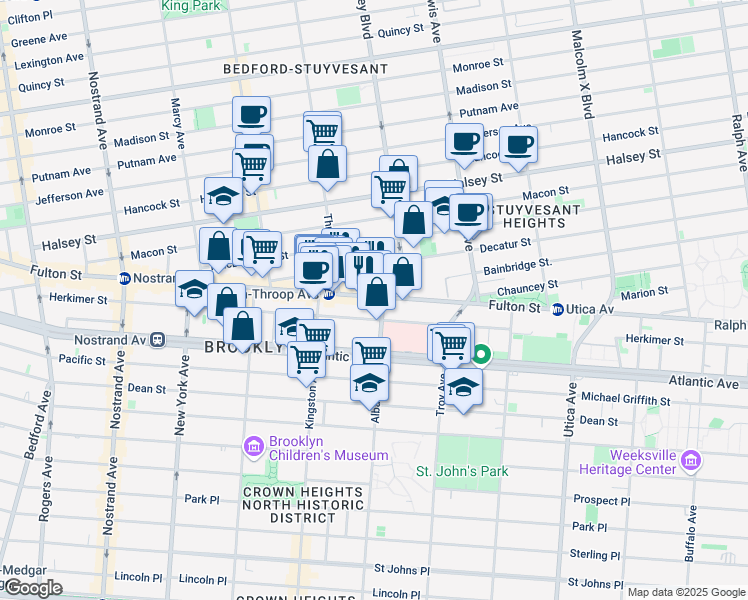 map of restaurants, bars, coffee shops, grocery stores, and more near 1550 Fulton Street in Brooklyn