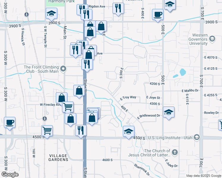 map of restaurants, bars, coffee shops, grocery stores, and more near 334 Gordon Lane in Millcreek