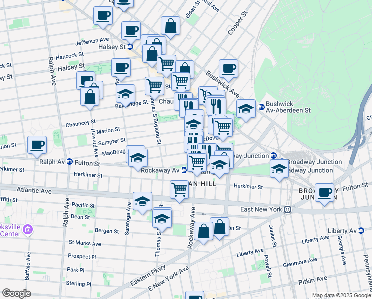 map of restaurants, bars, coffee shops, grocery stores, and more near 87 Rockaway Avenue in Brooklyn