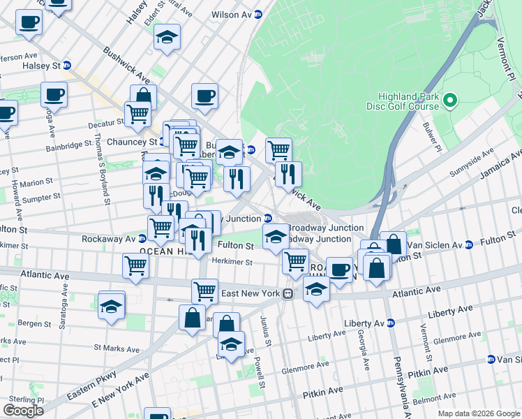 map of restaurants, bars, coffee shops, grocery stores, and more near 1945 Broadway in Brooklyn