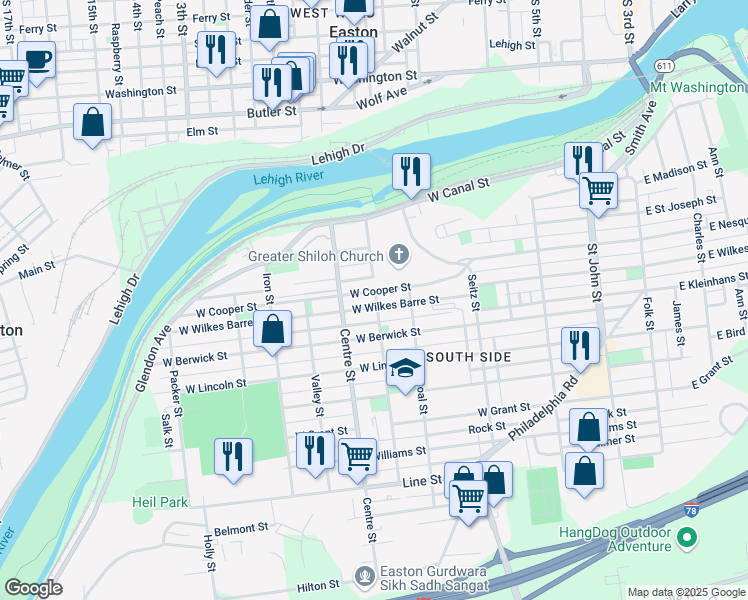 map of restaurants, bars, coffee shops, grocery stores, and more near 603 West Wilkes Barre Street in Easton