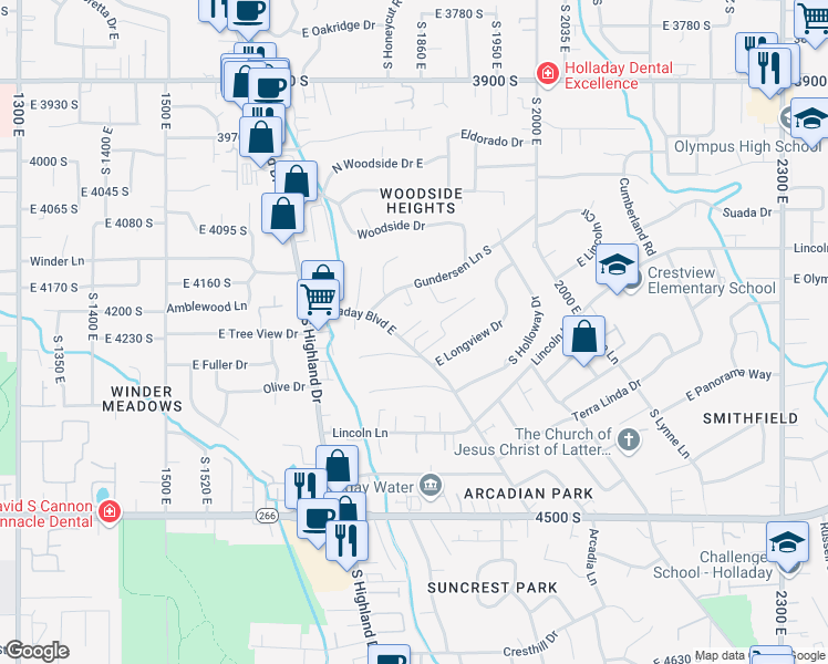 map of restaurants, bars, coffee shops, grocery stores, and more near 4231 Holladay Boulevard east in Holladay