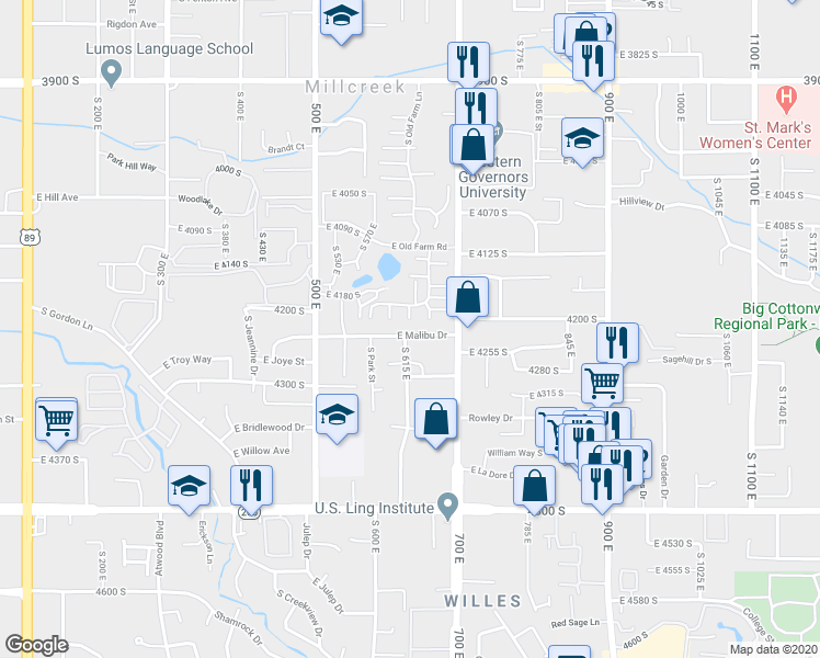 map of restaurants, bars, coffee shops, grocery stores, and more near 4178 South 650 East in Murray