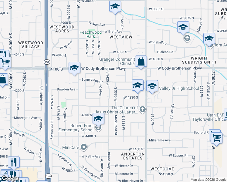 map of restaurants, bars, coffee shops, grocery stores, and more near 4192 Mark Read Street in West Valley City