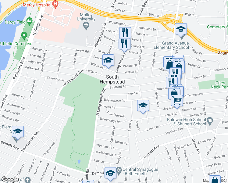 map of restaurants, bars, coffee shops, grocery stores, and more near 474 Stratford Road in South Hempstead
