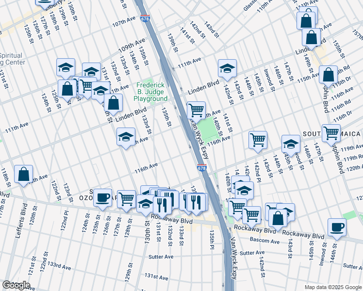 map of restaurants, bars, coffee shops, grocery stores, and more near 115-28 135th Street in Queens