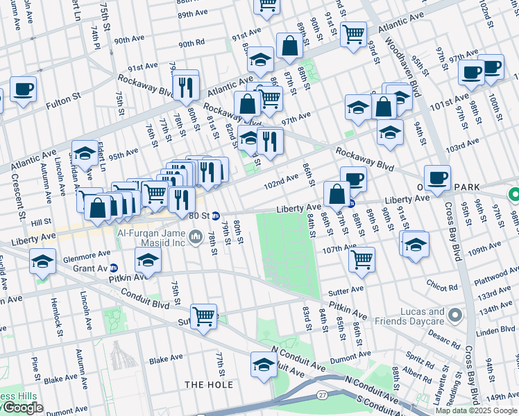 map of restaurants, bars, coffee shops, grocery stores, and more near 81-06 102nd Avenue in Queens