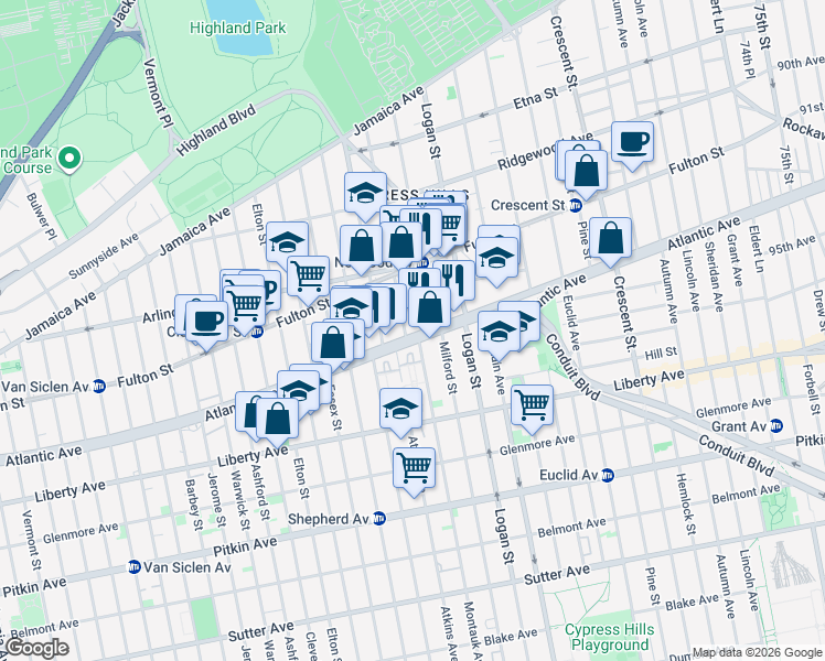 map of restaurants, bars, coffee shops, grocery stores, and more near 215 Hale Avenue in Brooklyn