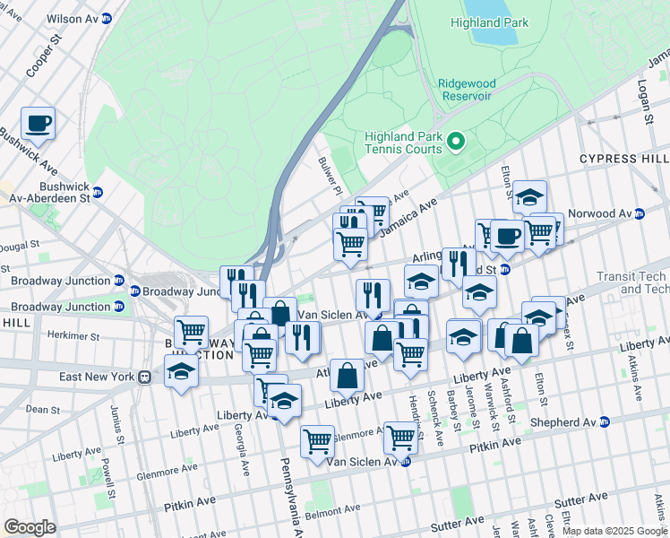 map of restaurants, bars, coffee shops, grocery stores, and more near 184 Jamaica Avenue in Brooklyn