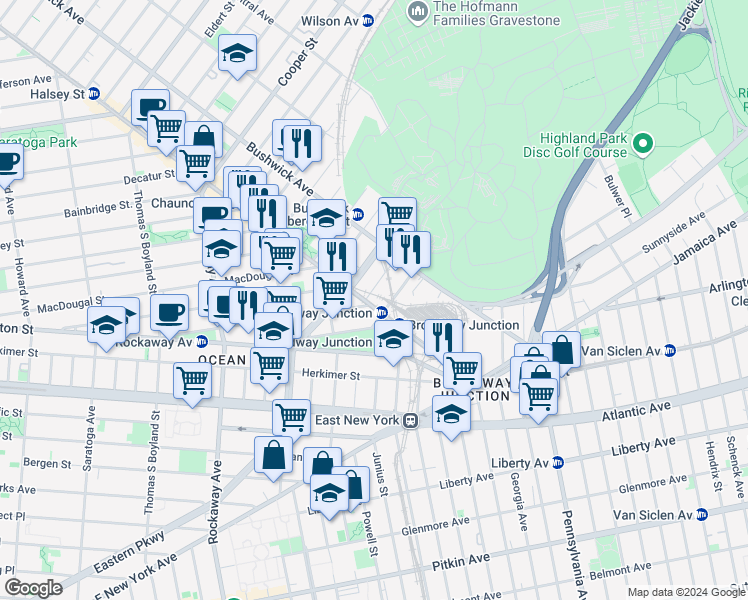 map of restaurants, bars, coffee shops, grocery stores, and more near 2018 Eastern Parkway in Brooklyn
