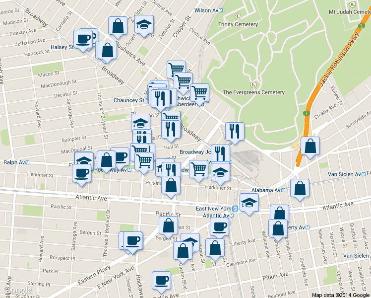map of restaurants, bars, coffee shops, grocery stores, and more near in Brooklyn