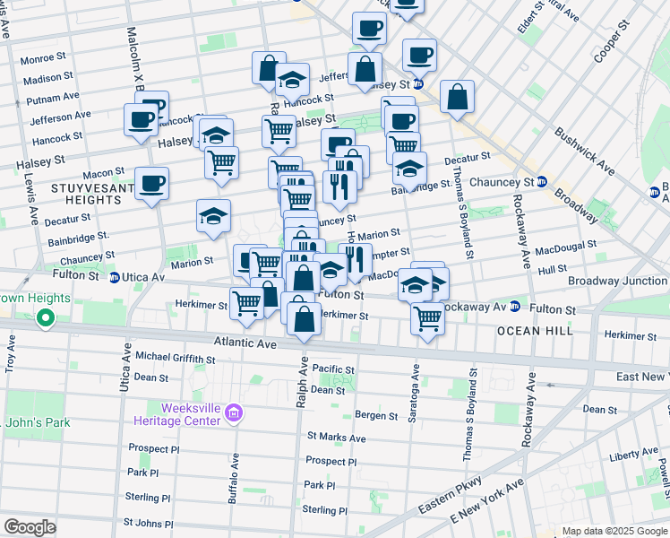 map of restaurants, bars, coffee shops, grocery stores, and more near 128 Sumpter Street in Brooklyn