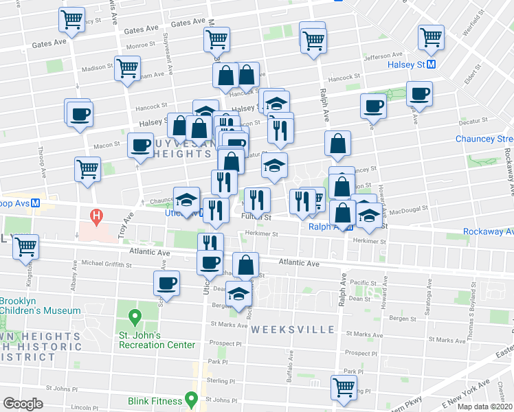 map of restaurants, bars, coffee shops, grocery stores, and more near 180 Chauncey Street in Brooklyn