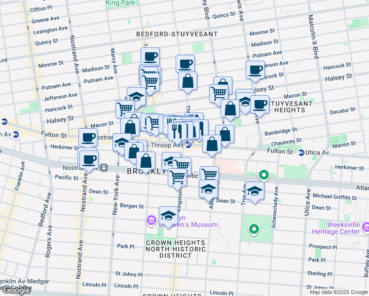 map of restaurants, bars, coffee shops, grocery stores, and more near 1496 Fulton Street in Brooklyn