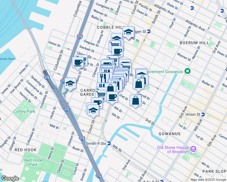 map of restaurants, bars, coffee shops, grocery stores, and more near 398 Court Street in Brooklyn