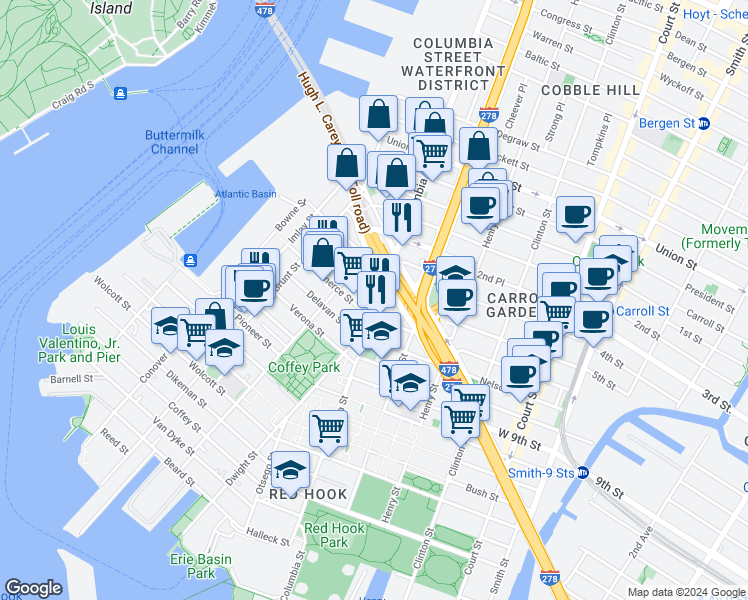 map of restaurants, bars, coffee shops, grocery stores, and more near 15 Seabring Street in Brooklyn