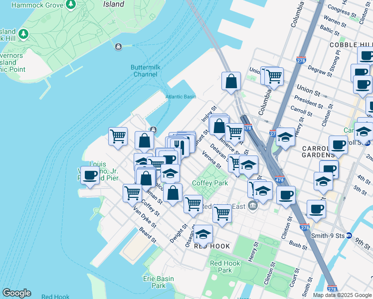 map of restaurants, bars, coffee shops, grocery stores, and more near 276 Van Brunt Street in Brooklyn