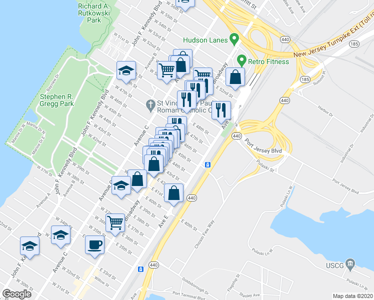 map of restaurants, bars, coffee shops, grocery stores, and more near 27 East 46th Street in Bayonne