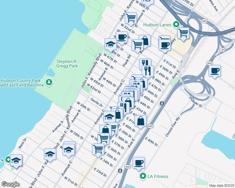 map of restaurants, bars, coffee shops, grocery stores, and more near 942 Avenue C in Bayonne