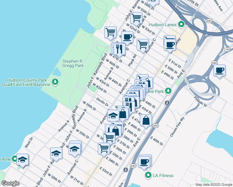map of restaurants, bars, coffee shops, grocery stores, and more near 74-76 East 43rd Street in Bayonne