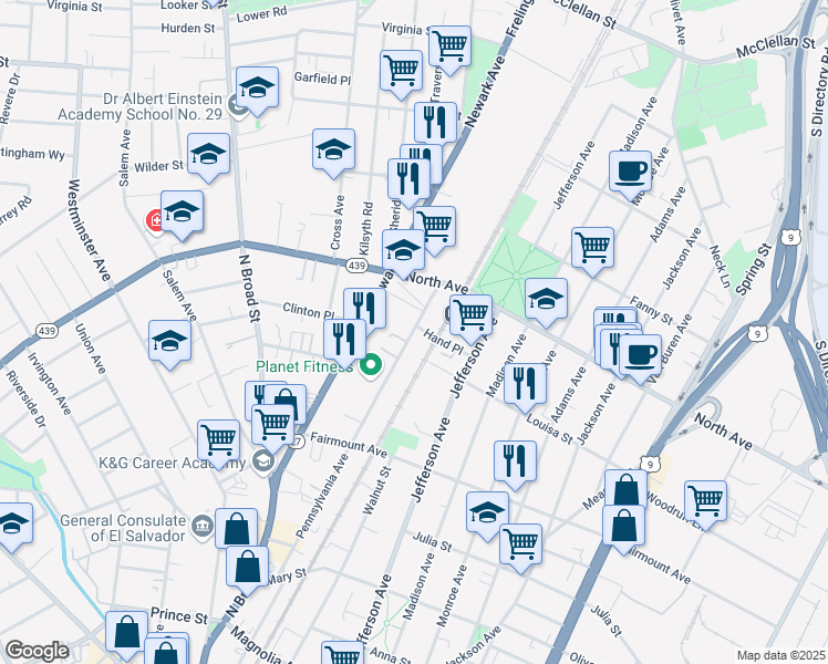 map of restaurants, bars, coffee shops, grocery stores, and more near 706 Pennsylvania Avenue in Elizabeth