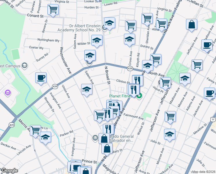 map of restaurants, bars, coffee shops, grocery stores, and more near 712 North Broad Street in Elizabeth