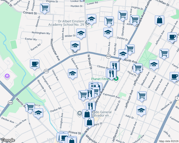 map of restaurants, bars, coffee shops, grocery stores, and more near 712 North Broad Street in Elizabeth
