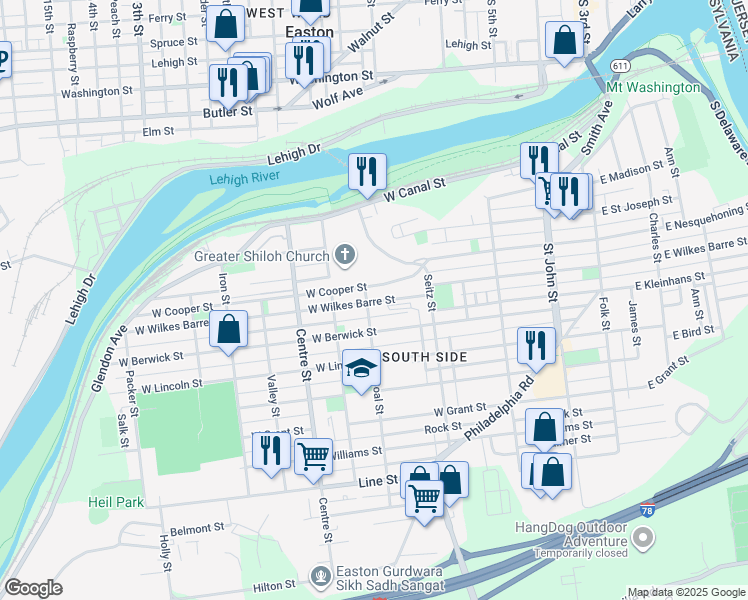 map of restaurants, bars, coffee shops, grocery stores, and more near 467 West Wilkes Barre Street in Easton