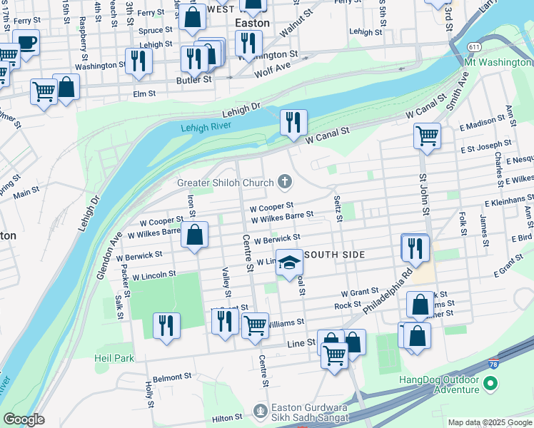 map of restaurants, bars, coffee shops, grocery stores, and more near 603 West Wilkes Barre Street in Easton
