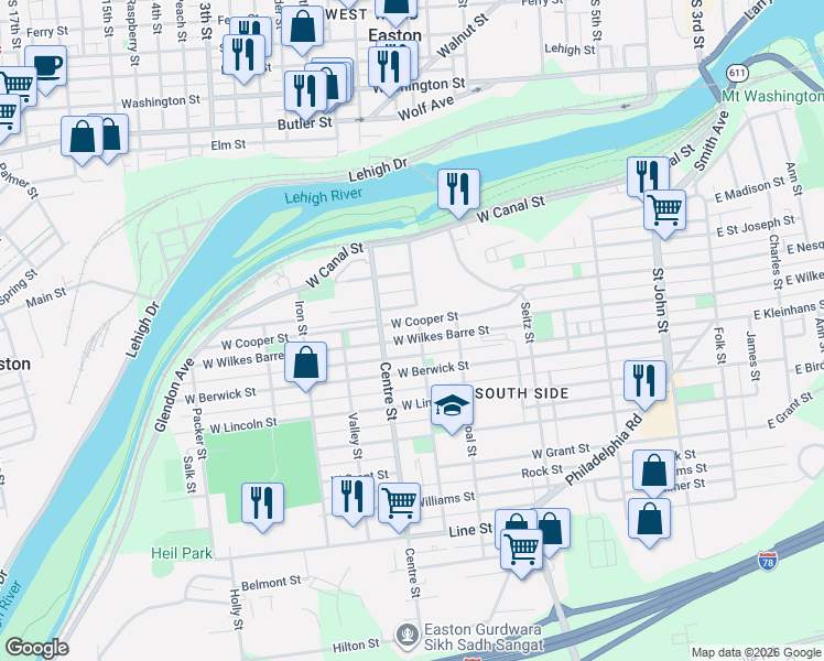 map of restaurants, bars, coffee shops, grocery stores, and more near 636 West Nesquehoning Street in Easton