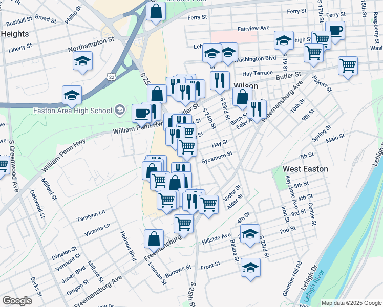 map of restaurants, bars, coffee shops, grocery stores, and more near 2465 Hay Street in Easton