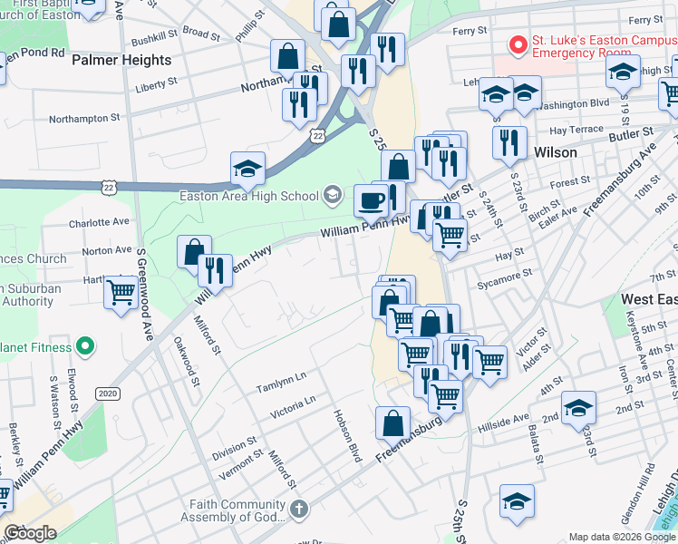 map of restaurants, bars, coffee shops, grocery stores, and more near 60 Craigie Street in Easton