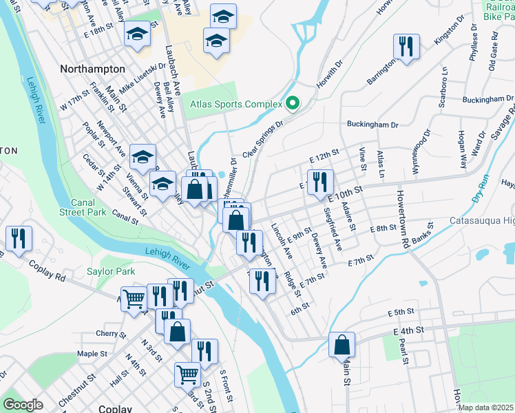 map of restaurants, bars, coffee shops, grocery stores, and more near 310 East 11th Street in Northampton