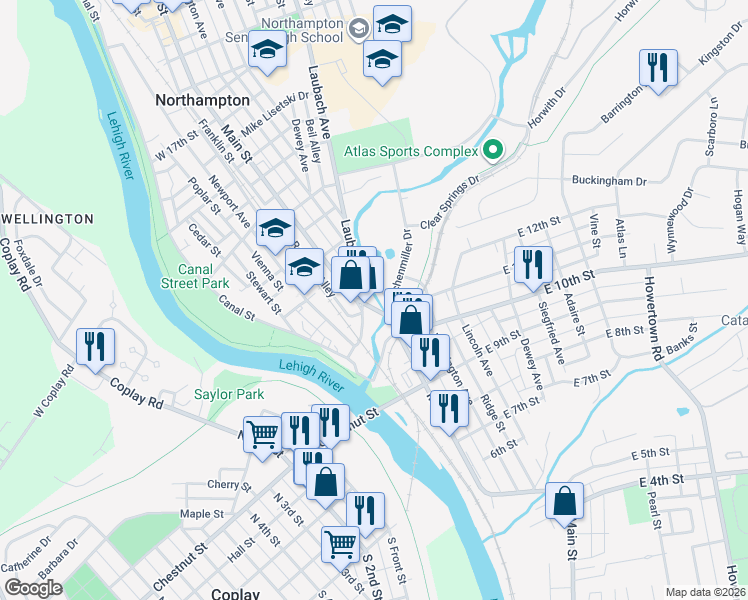 map of restaurants, bars, coffee shops, grocery stores, and more near 2 Lerchenmiller Drive in Northampton