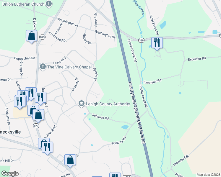map of restaurants, bars, coffee shops, grocery stores, and more near 5147 Spruce Street in Schnecksville