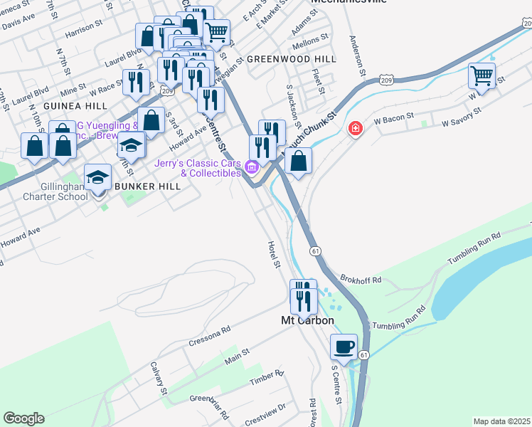 map of restaurants, bars, coffee shops, grocery stores, and more near 433 South Centre Street in Pottsville