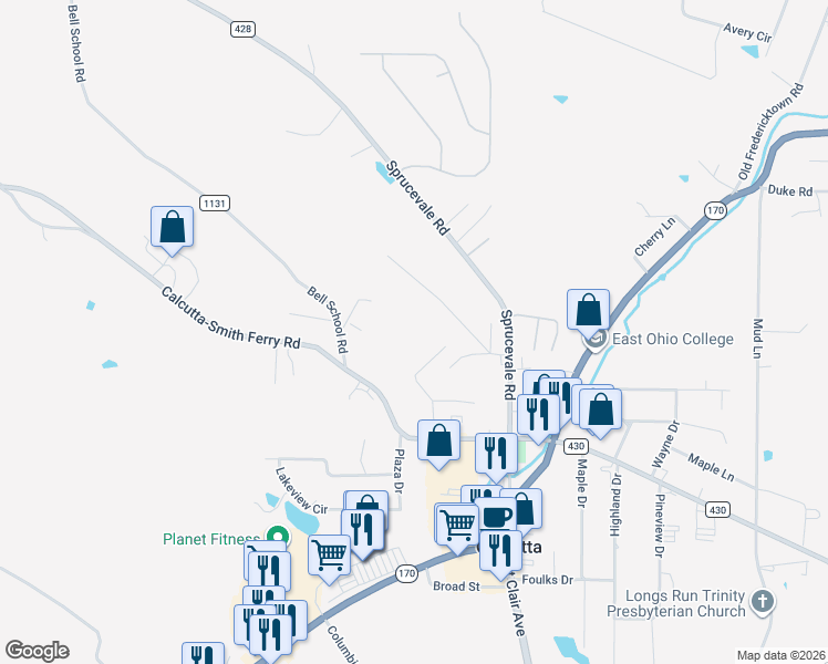 map of restaurants, bars, coffee shops, grocery stores, and more near 48444 Bell School Road in Calcutta