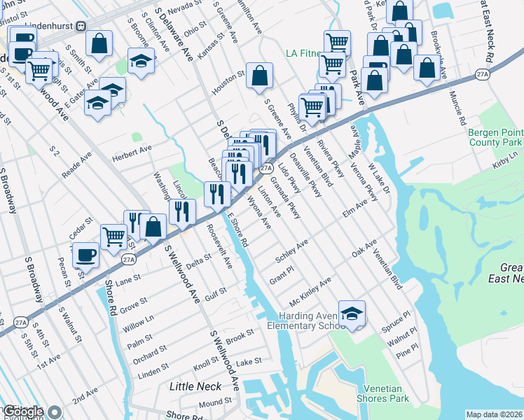 map of restaurants, bars, coffee shops, grocery stores, and more near 11 Wyona Avenue in Lindenhurst