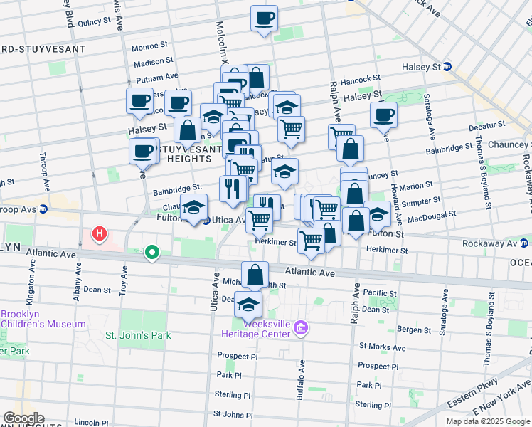 map of restaurants, bars, coffee shops, grocery stores, and more near 90 Marion Street in Brooklyn