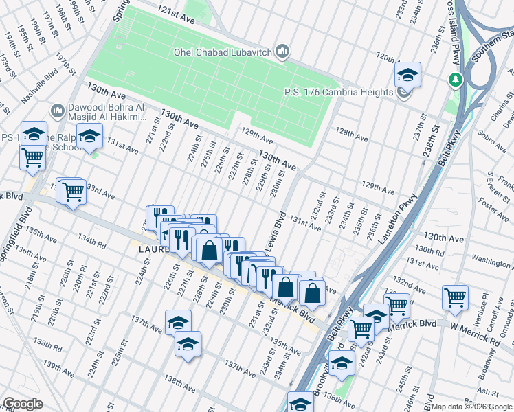 map of restaurants, bars, coffee shops, grocery stores, and more near 130-64 230th Street in Queens